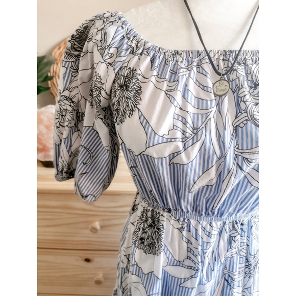 Candy Striped Blue & Floral Off Shoulder Dress - Picture 2 of 6